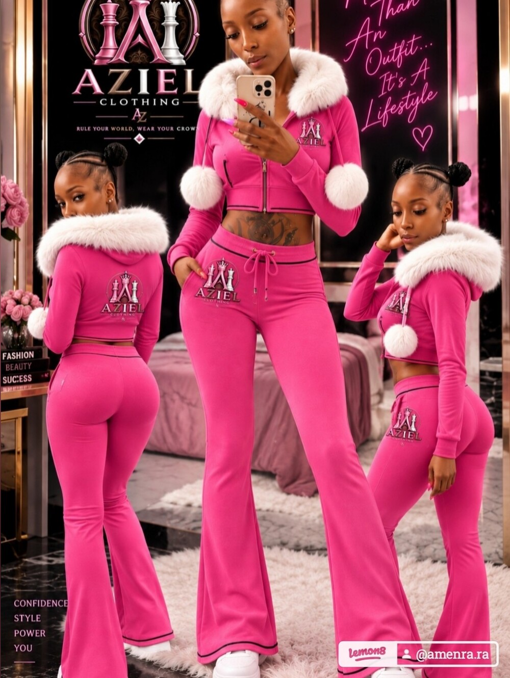 Women’s Pink Fur-Trim Tracksuit Pants & Cropped Hoodie Set
